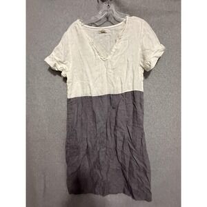 Lina Tomei Dress Womens Small White Gray Linen Colorblock V Neck T Shirt Shift